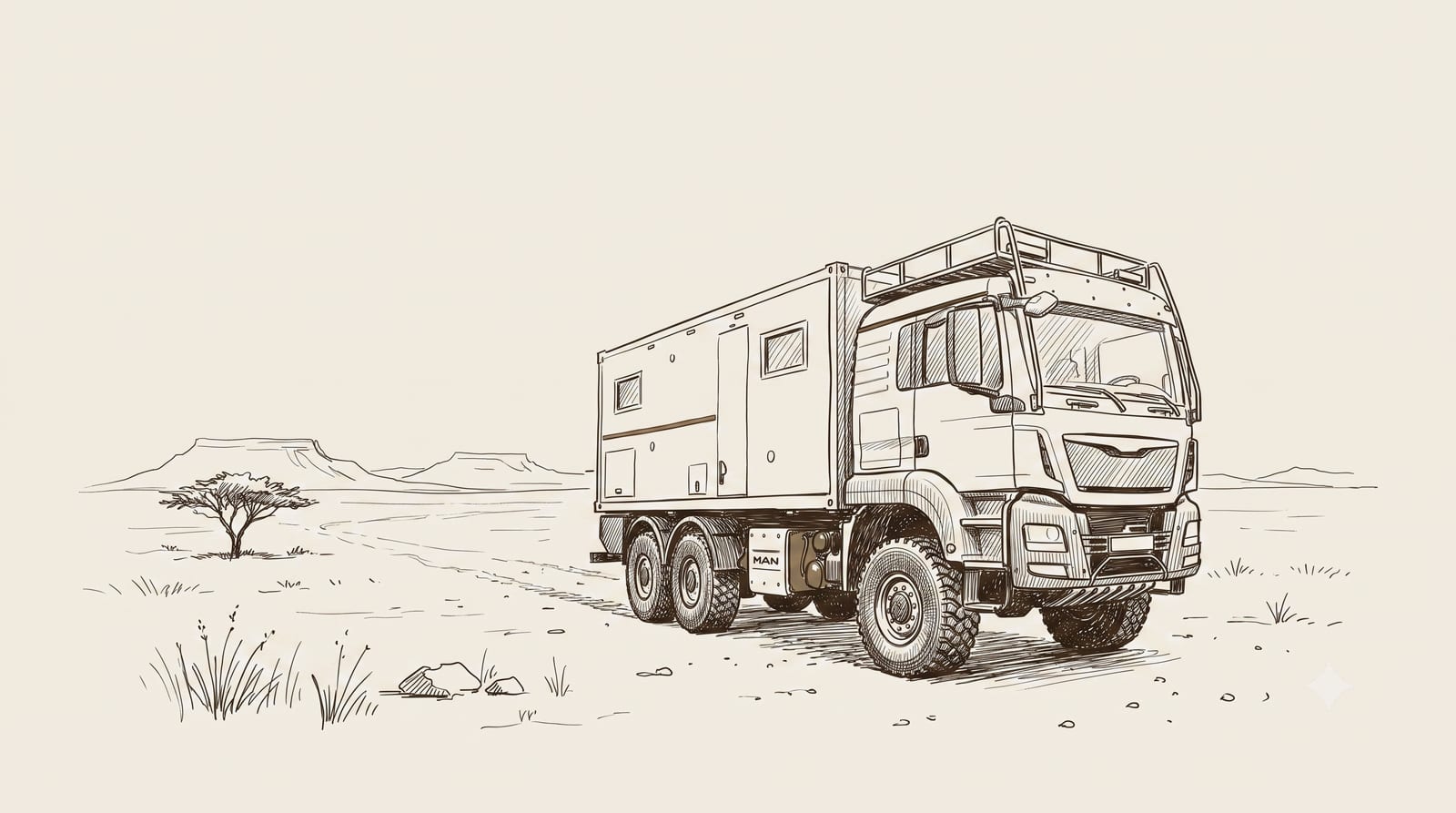 An expedition vehicle parked alone on a gravel plain under a vast Namibian sky.