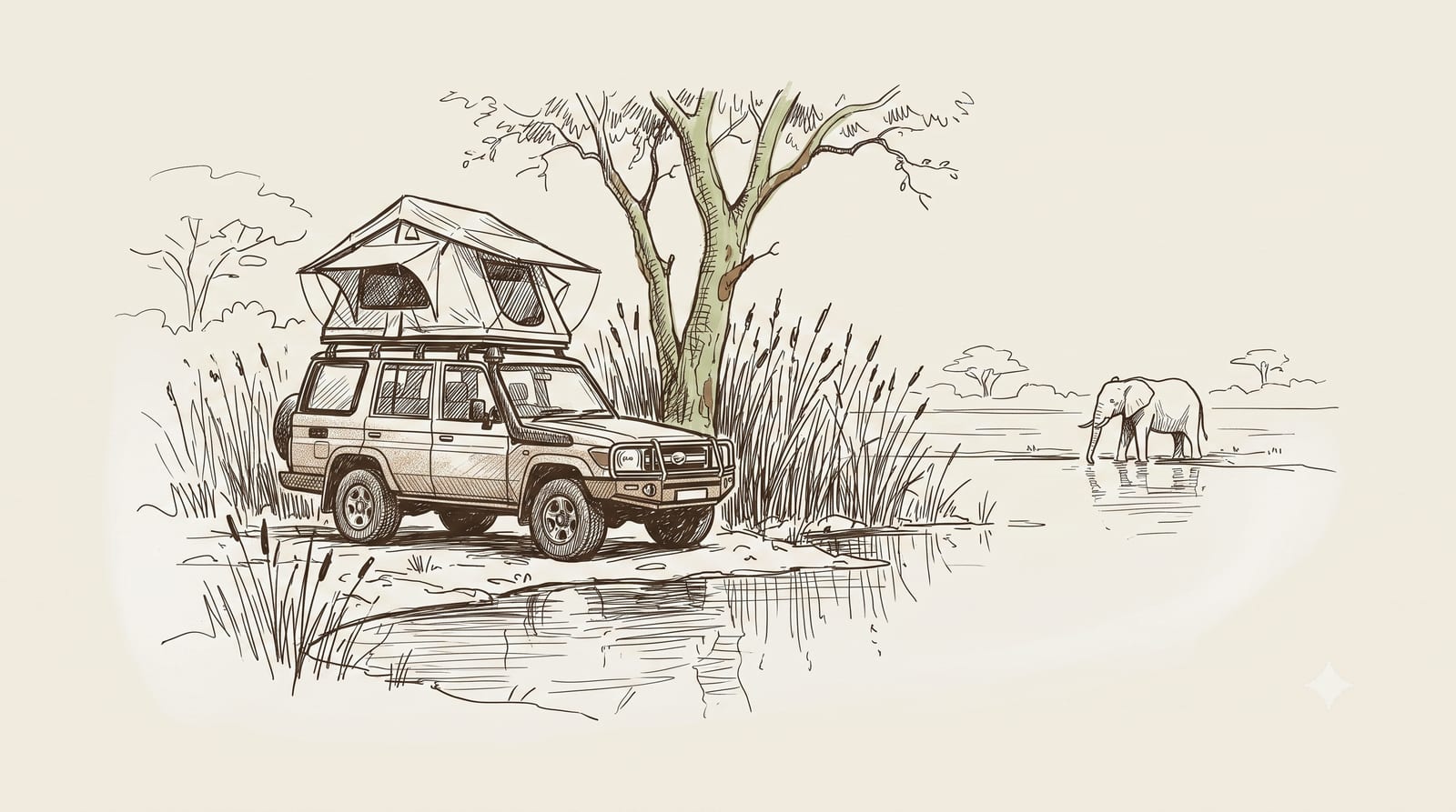 A rooftop tent open on a Land Cruiser at dusk beside a Botswana waterhole.
